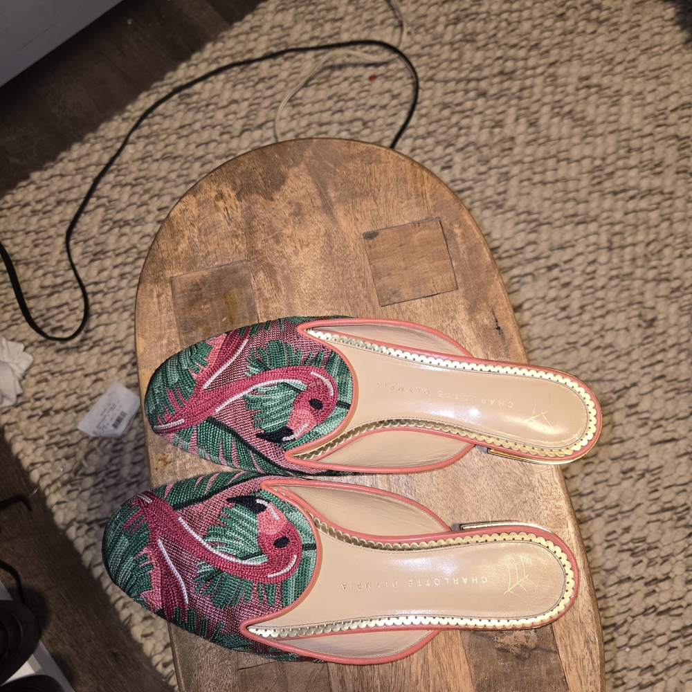 Charlotte Olympia Red and Green Mules Tropical Flair